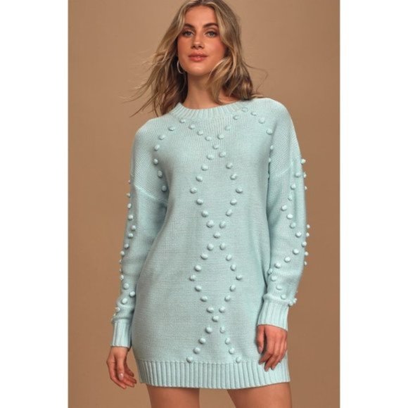 Pom Reader Light Blue Knit Pom Pom Sweater Dress - Picture 6 of 7